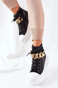 Damskie Boto Wysokie Trampki Na Platformie Czarne La Rocca