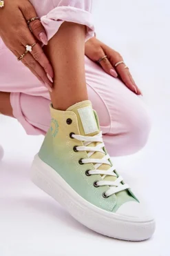 Damskie Big Star Shoes Wysokie Trampki Na Platformie Big Star LL274A190 Żółto-Zielone