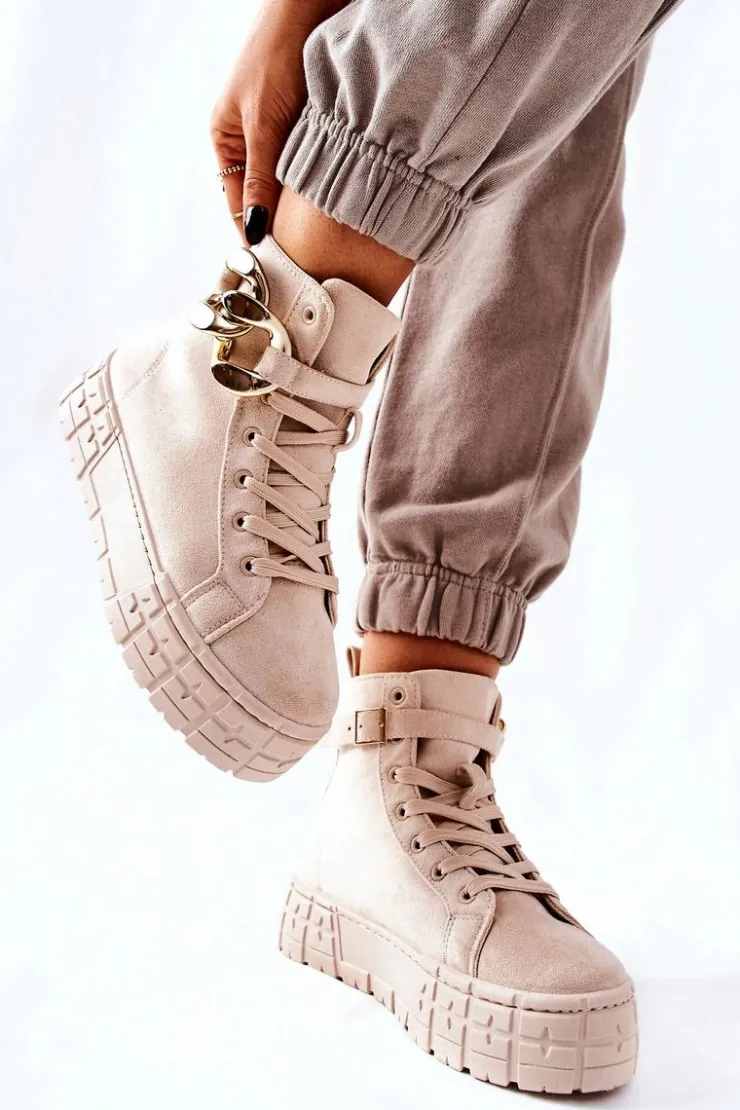 Damskie Boto Wysokie Trampki Na Platformie Jasnobeżowe Evenia