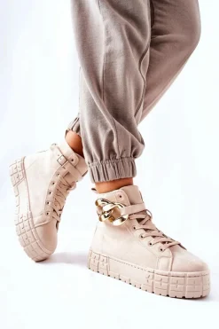 Damskie Boto Wysokie Trampki Na Platformie Jasnobeżowe Evenia