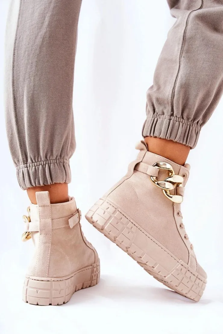 Damskie Boto Wysokie Trampki Na Platformie Jasnobeżowe Evenia