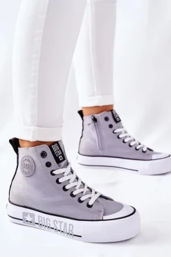 Big Star Shoes Trampki Damskie Big Star|Trampki Damskie Wysokie*Wysokie Trampki Na Platformie Big Star II274016 Szare