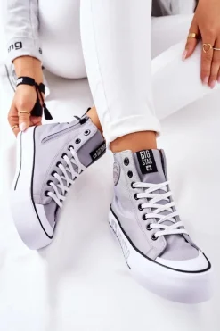 Big Star Shoes Trampki Damskie Big Star|Trampki Damskie Wysokie*Wysokie Trampki Na Platformie Big Star II274016 Szare