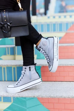 Big Star Shoes Trampki Damskie Big Star|Trampki Damskie Wysokie*Wysokie Trampki Na Platformie Big Star II274016 Szare