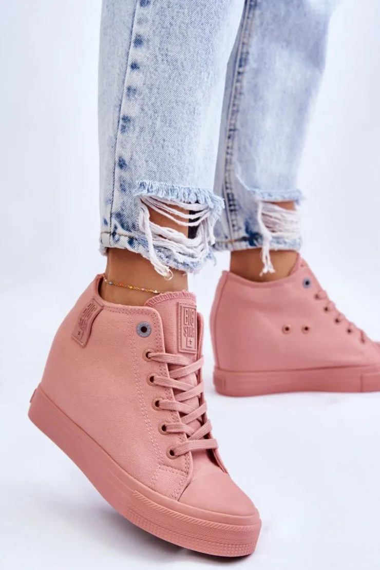 Big Star Shoes Trampki Damskie Big Star|Trampki Damskie Wysokie*Wysokie Trampki Na Ukrytym Koturnie Big Star LL274036 Różowe