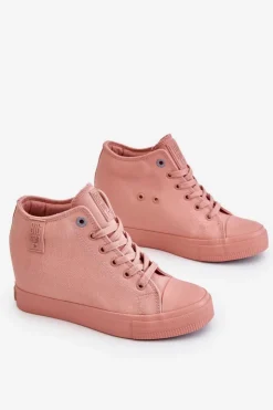 Big Star Shoes Trampki Damskie Big Star|Trampki Damskie Wysokie*Wysokie Trampki Na Ukrytym Koturnie Big Star LL274036 Różowe