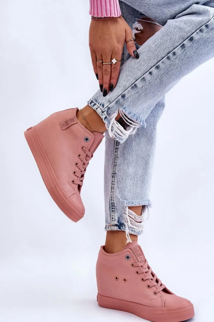 Big Star Shoes Trampki Damskie Big Star|Trampki Damskie Wysokie*Wysokie Trampki Na Ukrytym Koturnie Big Star LL274036 Różowe