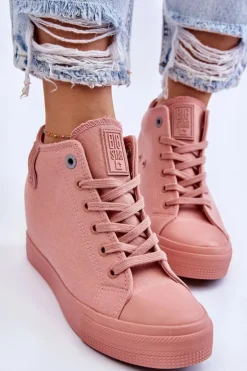 Big Star Shoes Trampki Damskie Big Star|Trampki Damskie Wysokie*Wysokie Trampki Na Ukrytym Koturnie Big Star LL274036 Różowe