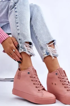 Big Star Shoes Trampki Damskie Big Star|Trampki Damskie Wysokie*Wysokie Trampki Na Ukrytym Koturnie Big Star LL274036 Różowe