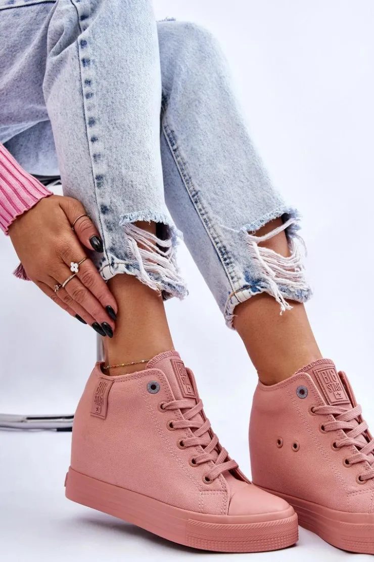 Big Star Shoes Trampki Damskie Big Star|Trampki Damskie Wysokie*Wysokie Trampki Na Ukrytym Koturnie Big Star LL274036 Różowe