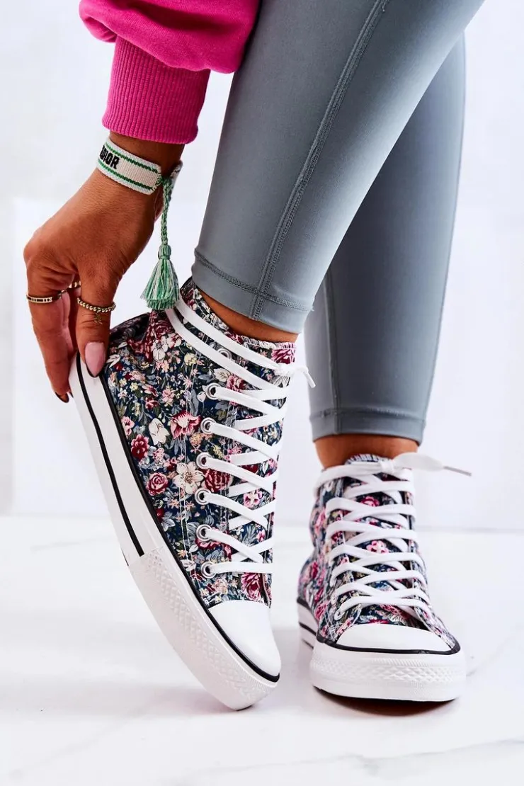 Damskie Boto Wysokie Trampki W Kwiaty Zielone Nollie