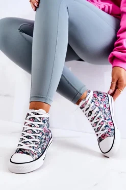 Damskie Boto Wysokie Trampki W Kwiaty Zielone Nollie