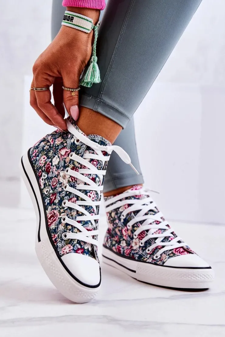 Damskie Boto Wysokie Trampki W Kwiaty Zielone Nollie