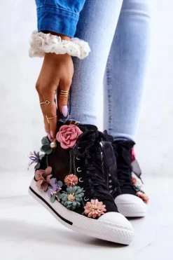 Sale Boto Wysokie Trampki Z Kwiatami Czarne Sellin