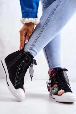 Sale Boto Wysokie Trampki Z Kwiatami Czarne Sellin