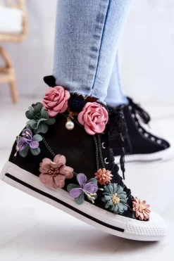 Sale Boto Wysokie Trampki Z Kwiatami Czarne Sellin