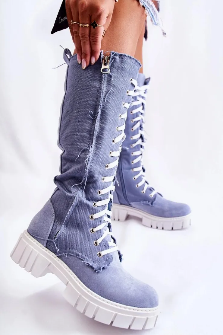 Damskie Boto Wysokie Wiązane Kozaki Trapery Niebieskie Kayra