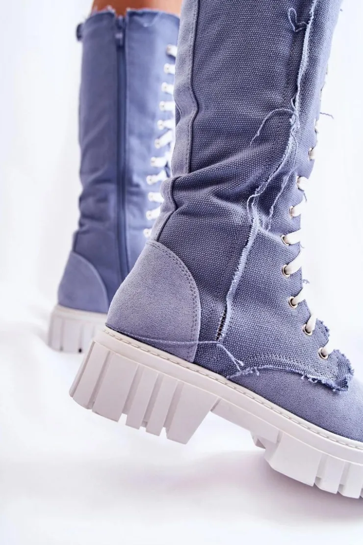 Damskie Boto Wysokie Wiązane Kozaki Trapery Niebieskie Kayra