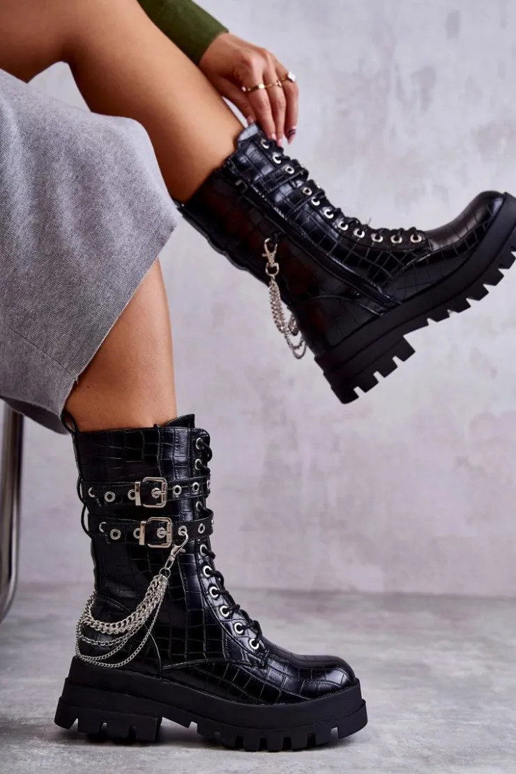 Sale Boto Wysokie Workery Botki Z Łańcuchem Wężowe Czarne Montero