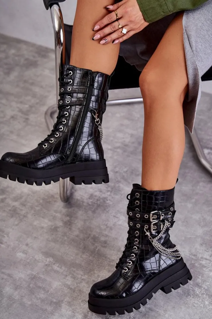 Sale Boto Wysokie Workery Botki Z Łańcuchem Wężowe Czarne Montero