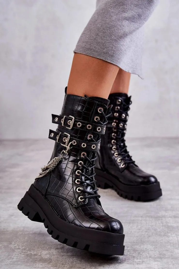 Sale Boto Wysokie Workery Botki Z Łańcuchem Wężowe Czarne Montero