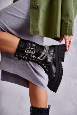 Sale Boto Wysokie Workery Botki Z Łańcuchem Wężowe Czarne Montero