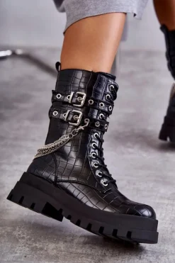 Sale Boto Wysokie Workery Botki Z Łańcuchem Wężowe Czarne Montero