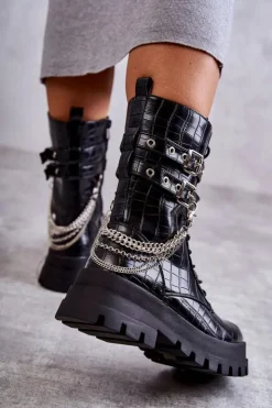 Sale Boto Wysokie Workery Botki Z Łańcuchem Wężowe Czarne Montero