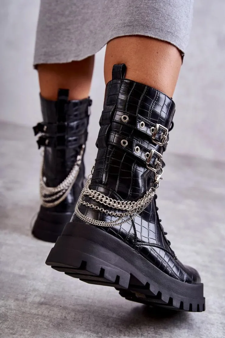 Sale Boto Wysokie Workery Botki Z Łańcuchem Wężowe Czarne Montero