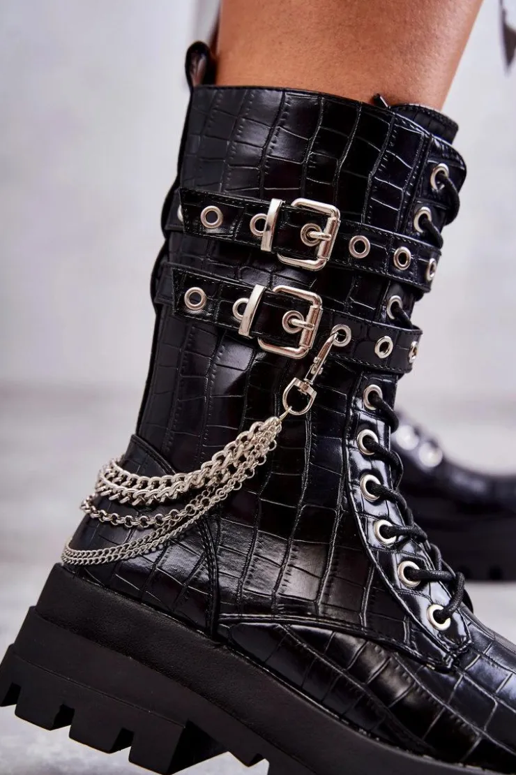 Sale Boto Wysokie Workery Botki Z Łańcuchem Wężowe Czarne Montero