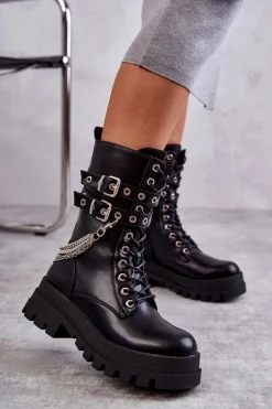 Boto Botki Sznurowane|Czarne Botki*Wysokie Workery Botki Z Łańcuchem Czarne Montero