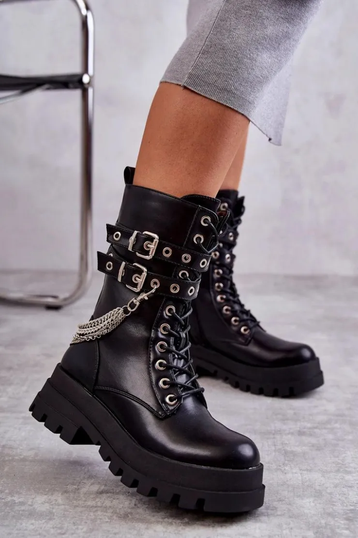 Boto Botki Sznurowane|Czarne Botki*Wysokie Workery Botki Z Łańcuchem Czarne Montero