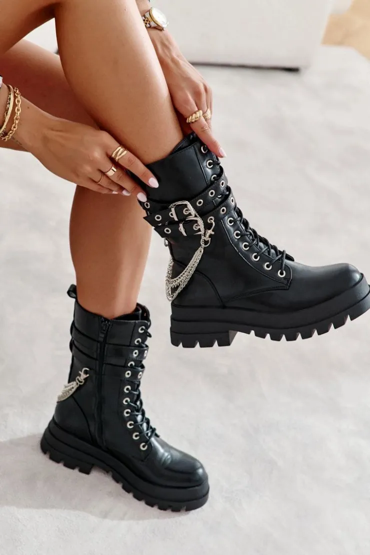 Boto Botki Sznurowane|Czarne Botki*Wysokie Workery Botki Z Łańcuchem Czarne Montero