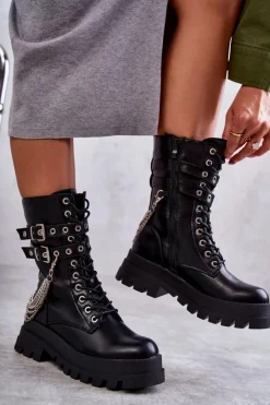 Boto Botki Sznurowane|Czarne Botki*Wysokie Workery Botki Z Łańcuchem Czarne Montero