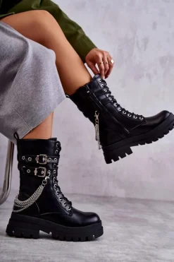 Boto Botki Sznurowane|Czarne Botki*Wysokie Workery Botki Z Łańcuchem Czarne Montero