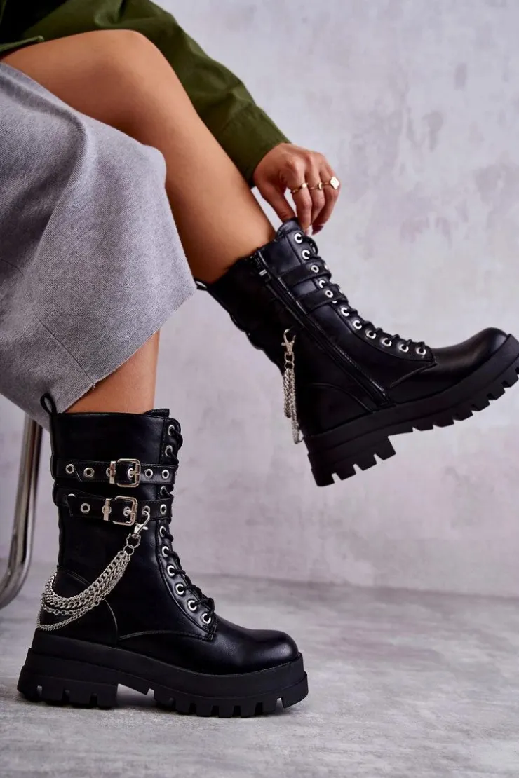 Boto Botki Sznurowane|Czarne Botki*Wysokie Workery Botki Z Łańcuchem Czarne Montero