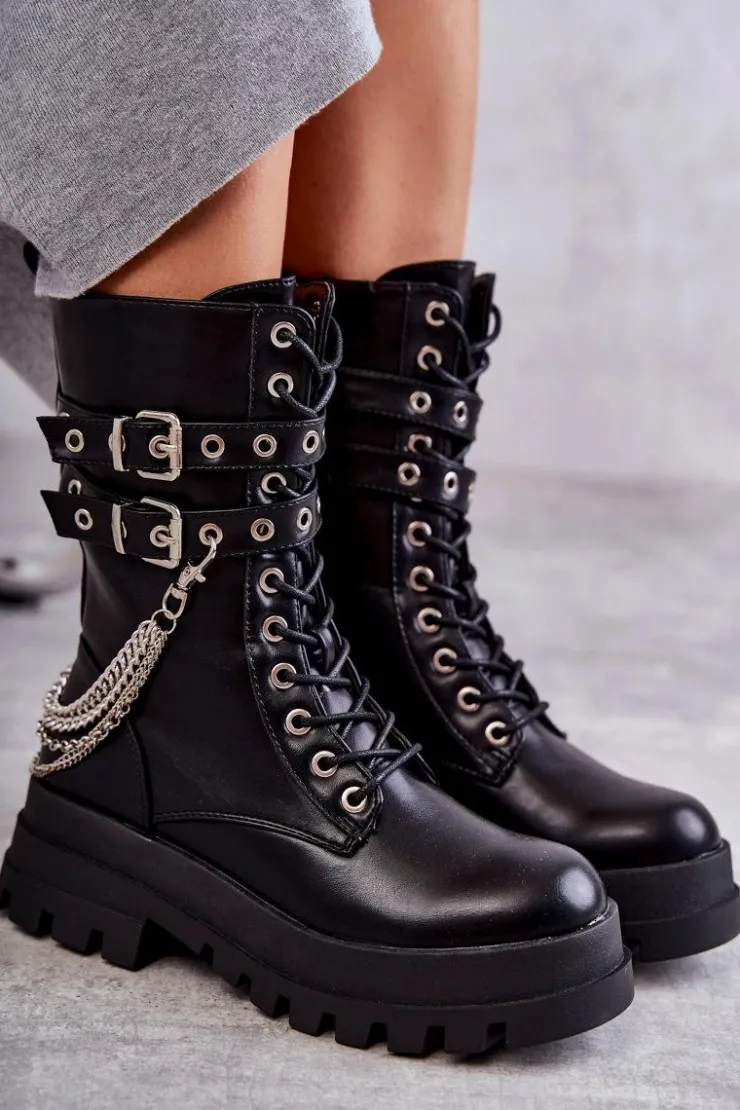 Boto Botki Sznurowane|Czarne Botki*Wysokie Workery Botki Z Łańcuchem Czarne Montero