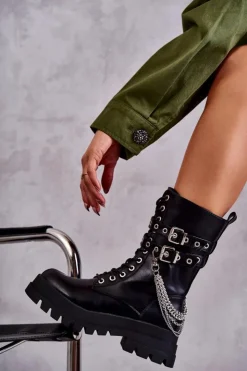 Boto Botki Sznurowane|Czarne Botki*Wysokie Workery Botki Z Łańcuchem Czarne Montero