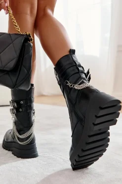Boto Botki Sznurowane|Czarne Botki*Wysokie Workery Botki Z Łańcuchem Czarne Montero