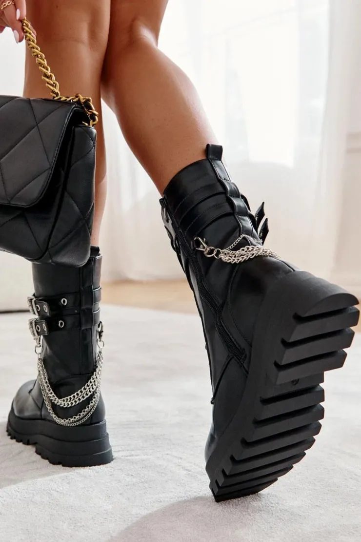 Boto Botki Sznurowane|Czarne Botki*Wysokie Workery Botki Z Łańcuchem Czarne Montero