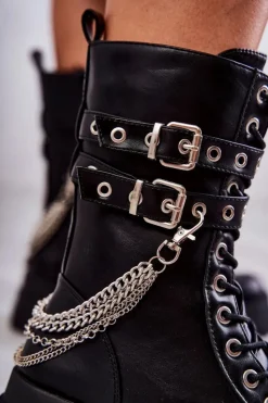 Boto Botki Sznurowane|Czarne Botki*Wysokie Workery Botki Z Łańcuchem Czarne Montero