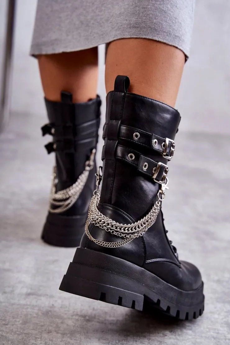 Boto Botki Sznurowane|Czarne Botki*Wysokie Workery Botki Z Łańcuchem Czarne Montero