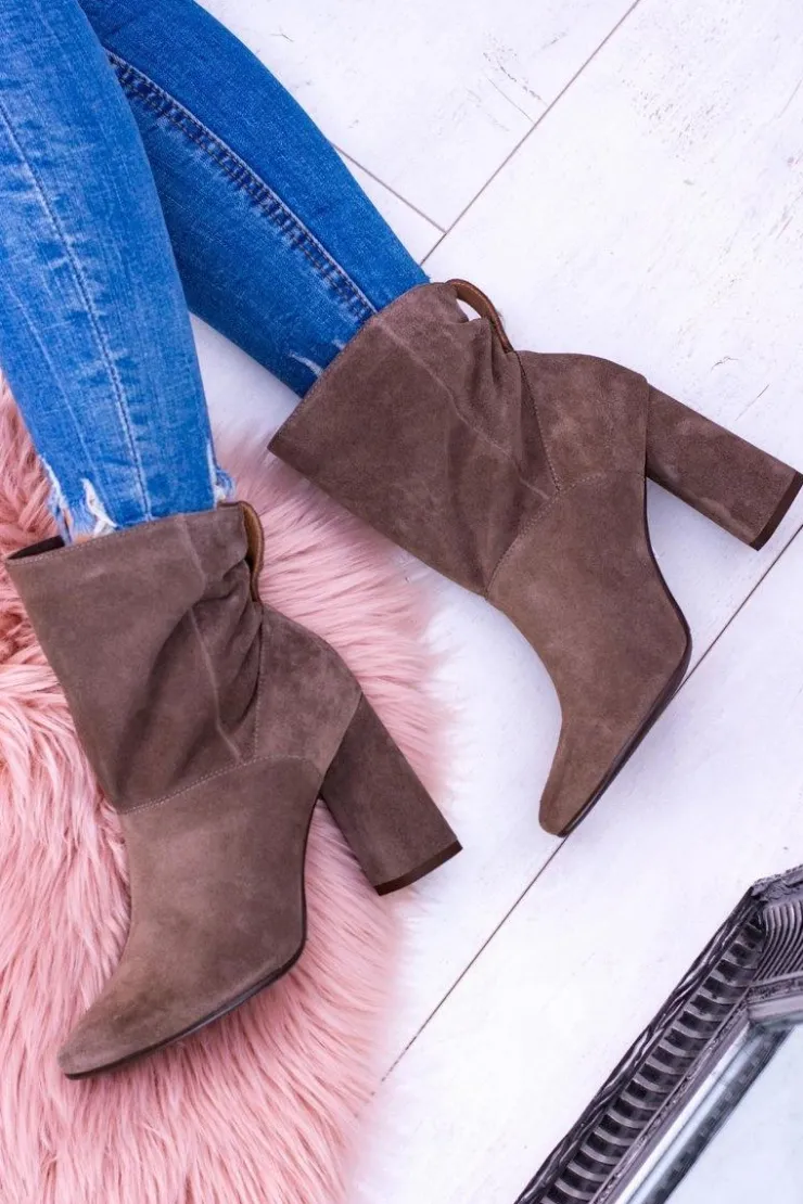 Hot Laura Messi Wysokie Zamszowe Botki na Słupku Khaki 1857