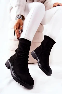 Discount Boto Wysokie Zamszowe Marszczone Botki Czarne Trishia