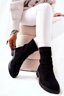 Discount Boto Wysokie Zamszowe Marszczone Botki Czarne Trishia