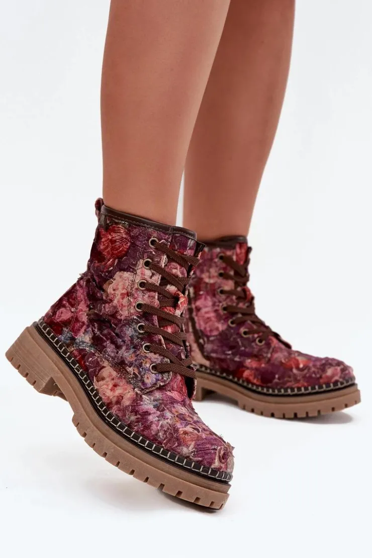 Hot Artiker Wzorzyste Botki Damskie Ocieplane 57C1055 Bordowe Czerwony