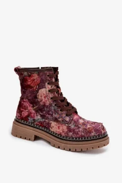 Hot Artiker Wzorzyste Botki Damskie Ocieplane 57C1055 Bordowe Czerwony