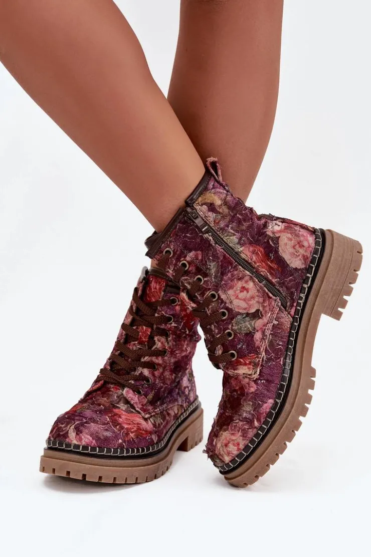 Hot Artiker Wzorzyste Botki Damskie Ocieplane 57C1055 Bordowe Czerwony