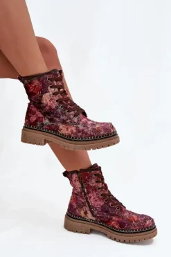Hot Artiker Wzorzyste Botki Damskie Ocieplane 57C1055 Bordowe Czerwony