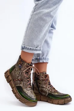 Damskie Maciejka Wzorzyste Botki Damskie Skórzane 06145-24 Oliwkowe